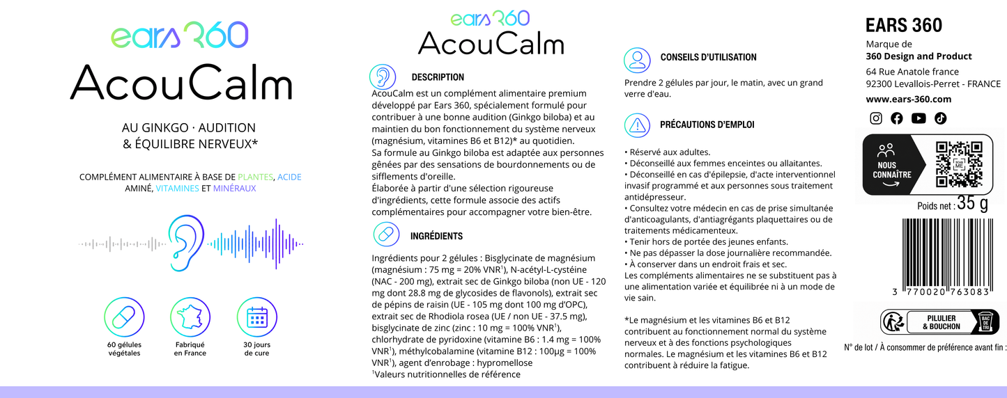 Étiquette complète AcouCalm : description, ingrédients, conseils d'utilisation et précautions d'emploi