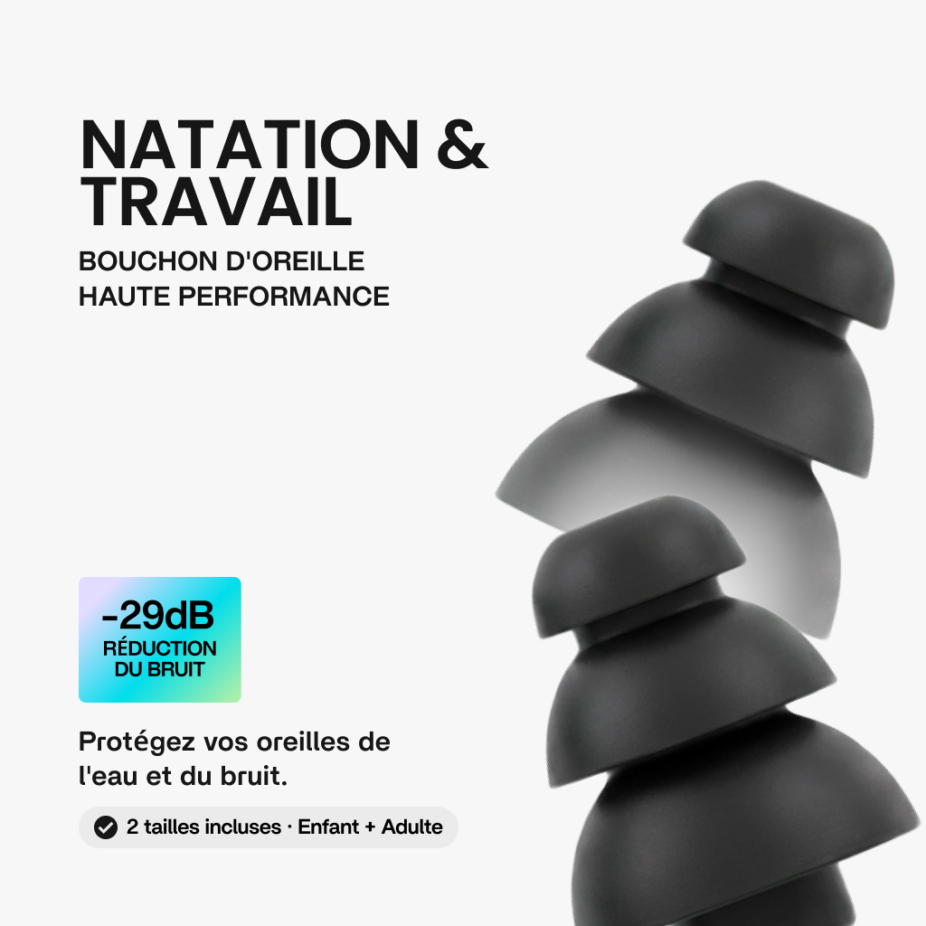 Kit Natation & Travail – bouchon d'oreille haute performance, -29 dB de réduction du bruit, 2 tailles incluses enfant et adulte